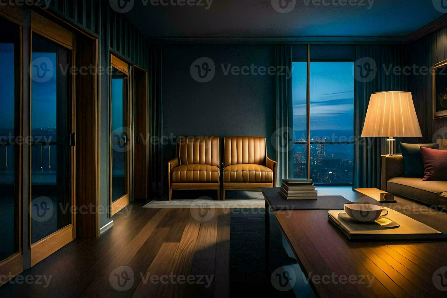 a living room with a view of the city at night. AI-Generated photo