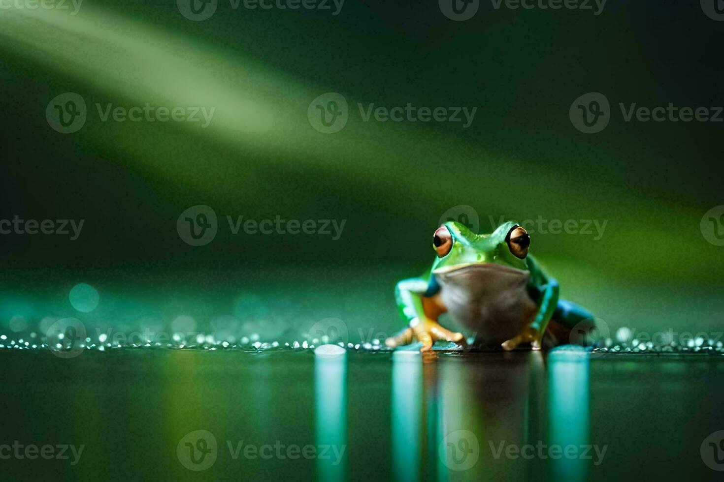 a frog sitting on a wet surface with water droplets. AI-Generated photo