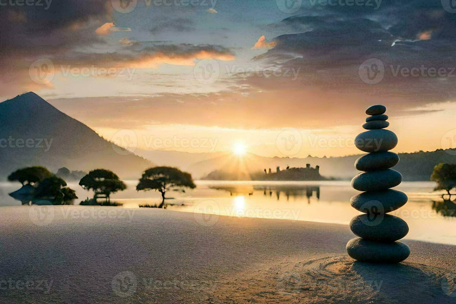 a stack of stones in front of a lake at sunset. AI-Generated photo