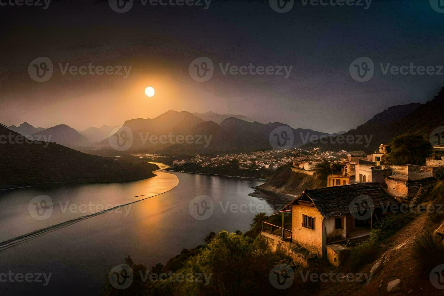 the sun sets over a village on the edge of a mountain. AI-Generated photo