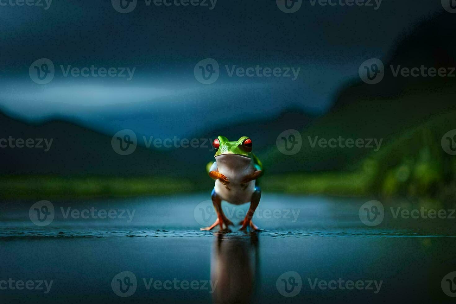 a frog standing on the edge of a lake. AI-Generated photo