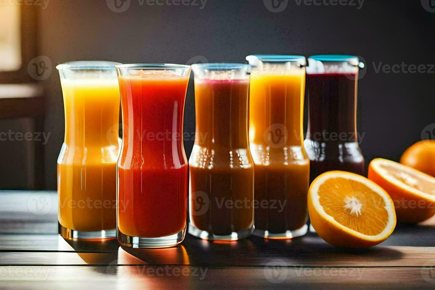 a group of juice glasses with oranges and juice. AI-Generated photo