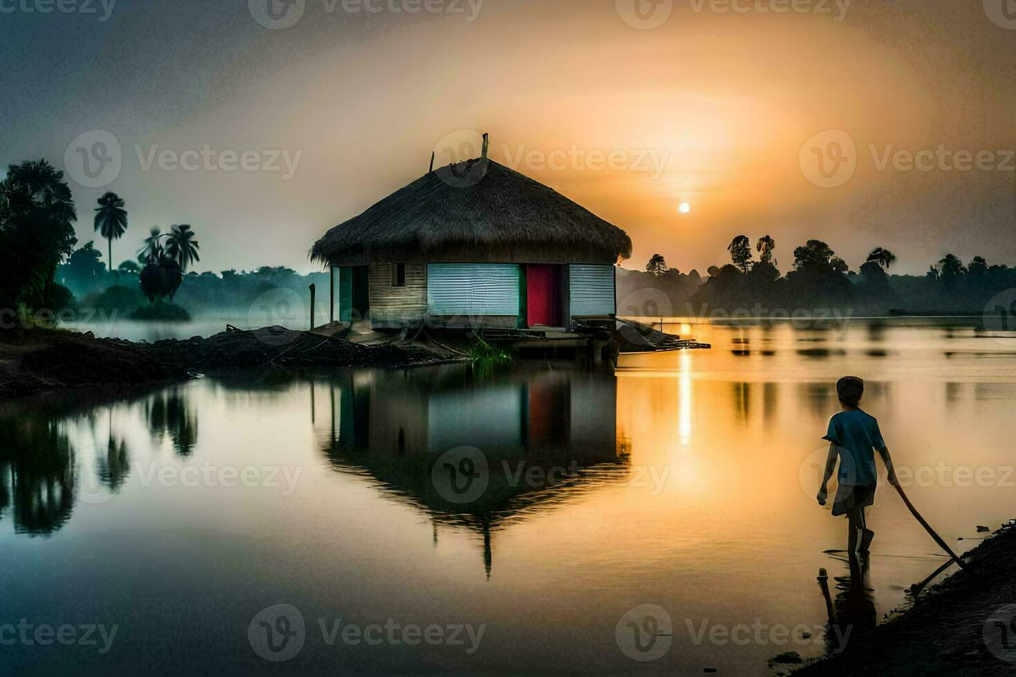 a boy is walking across the water in front of a hut. AI-Generated photo