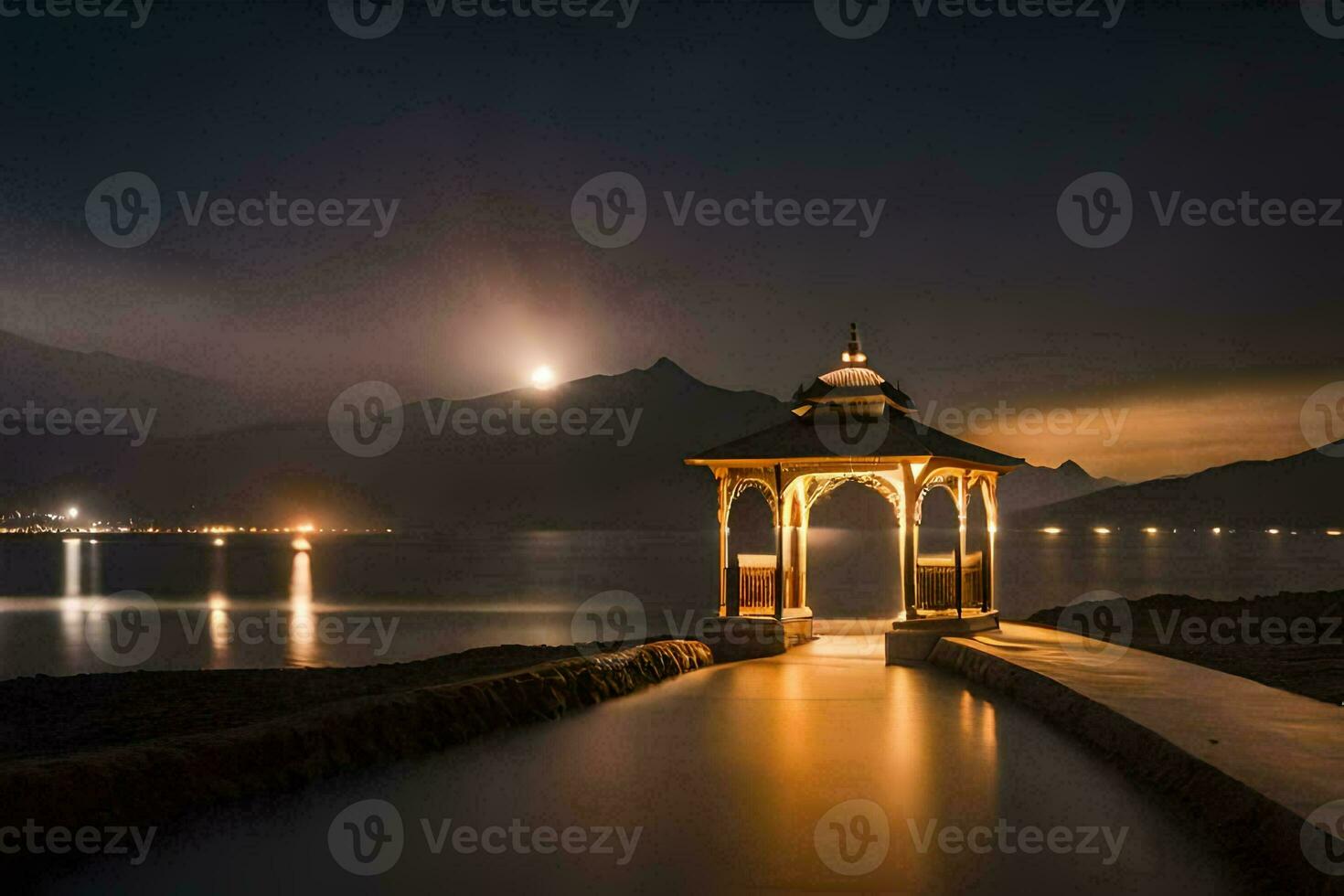 a gazebo in the middle of a lake at night. AI-Generated photo