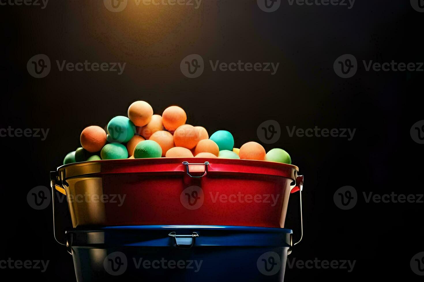 a bucket filled with colorful eggs. AI-Generated photo