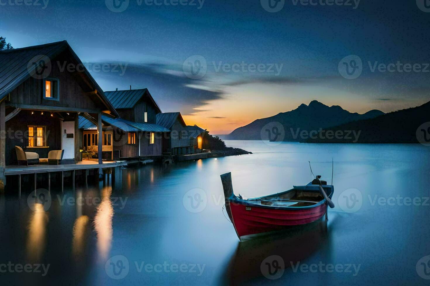 a boat sits on the water in front of a house. AI-Generated photo