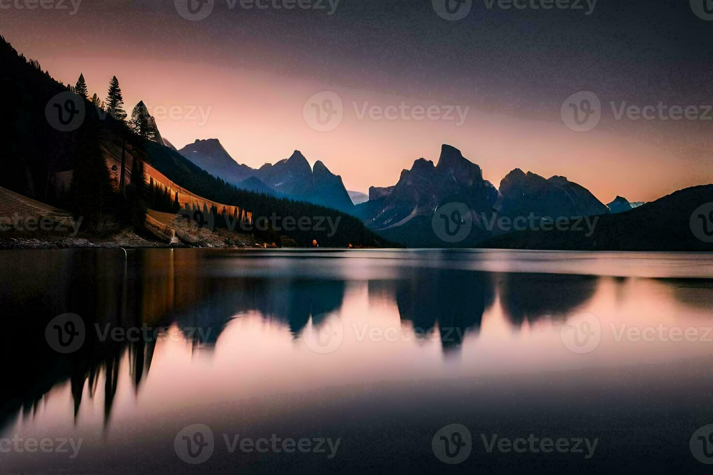 the mountains are reflected in the water at sunset. AI-Generated photo