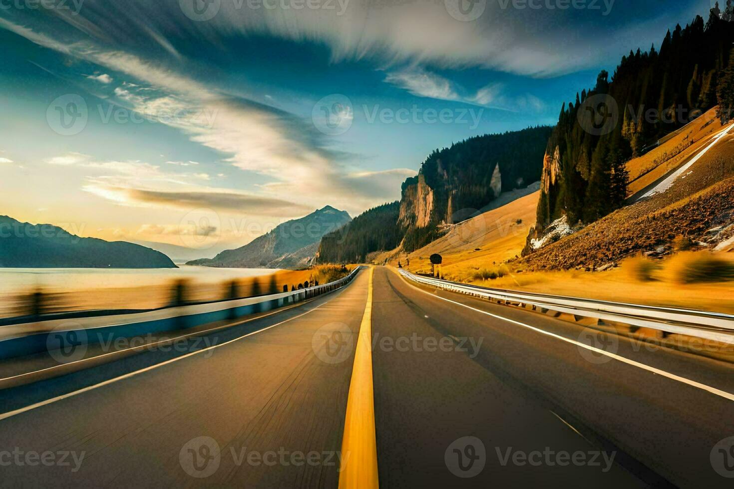 a long exposure photograph of a highway with mountains in the background. AI-Generated photo