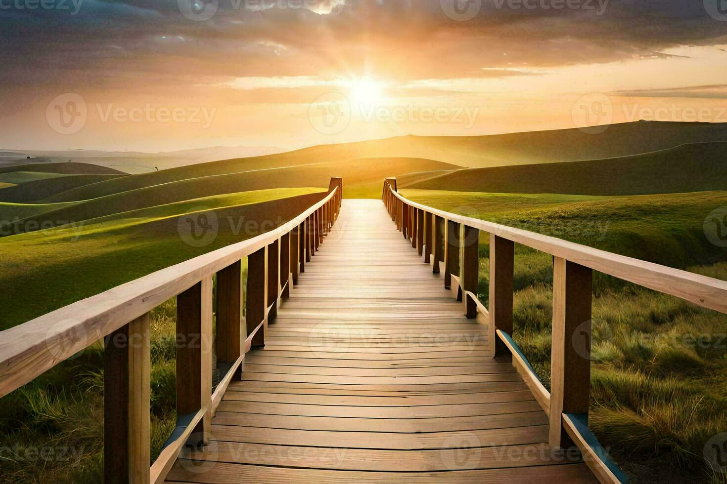a wooden walkway leads to a sunset over a green field. AI-Generated photo