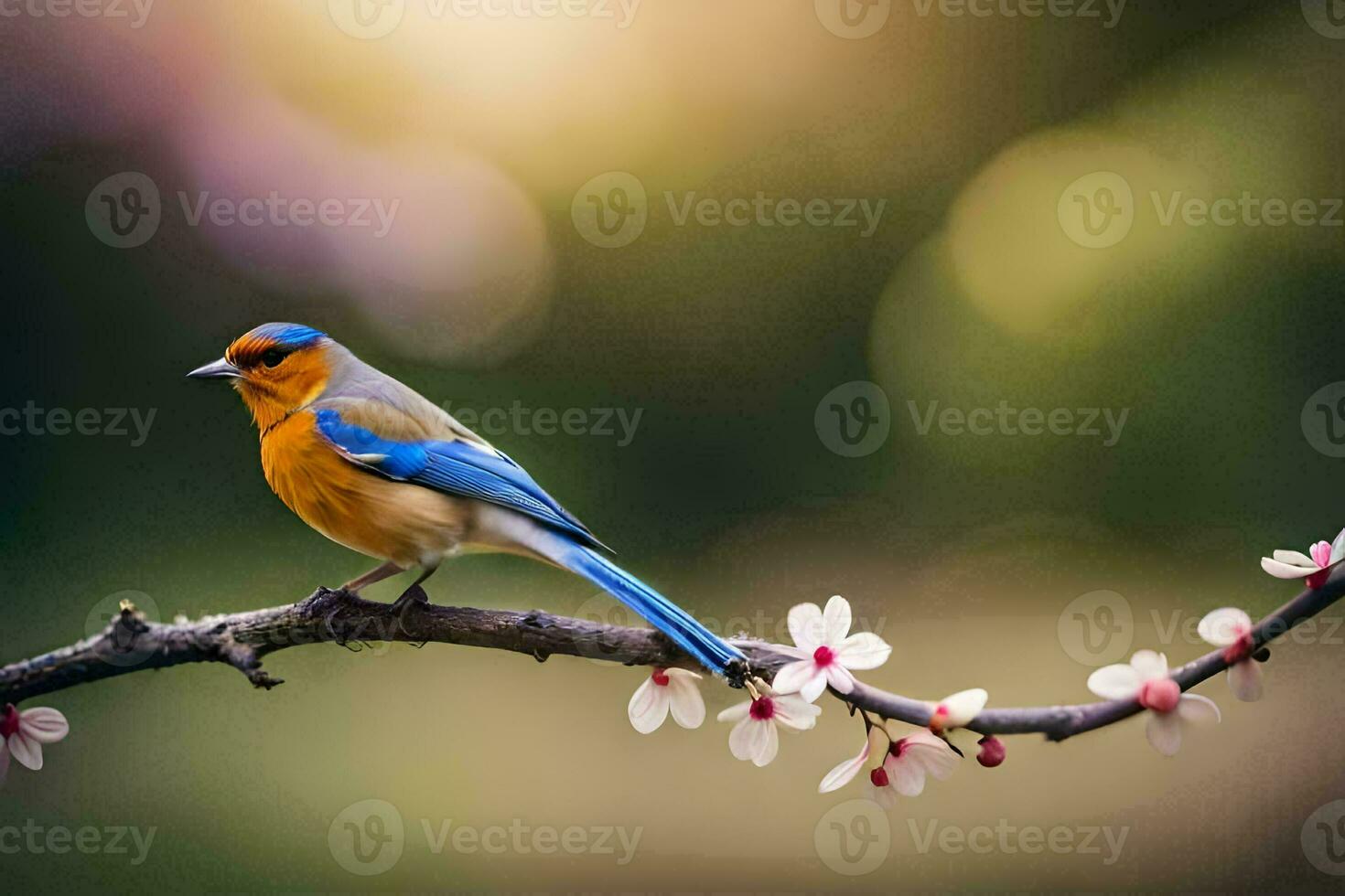 a blue and orange bird sits on a branch with flowers. AI-Generated photo