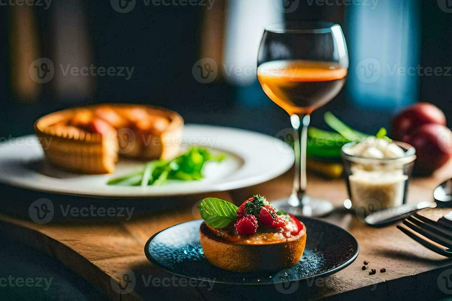 a plate with a dessert and a glass of wine. AI-Generated photo