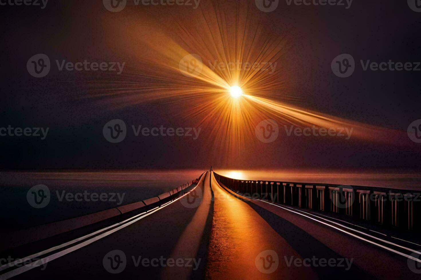 the sun shines over a long bridge at night. AI-Generated photo