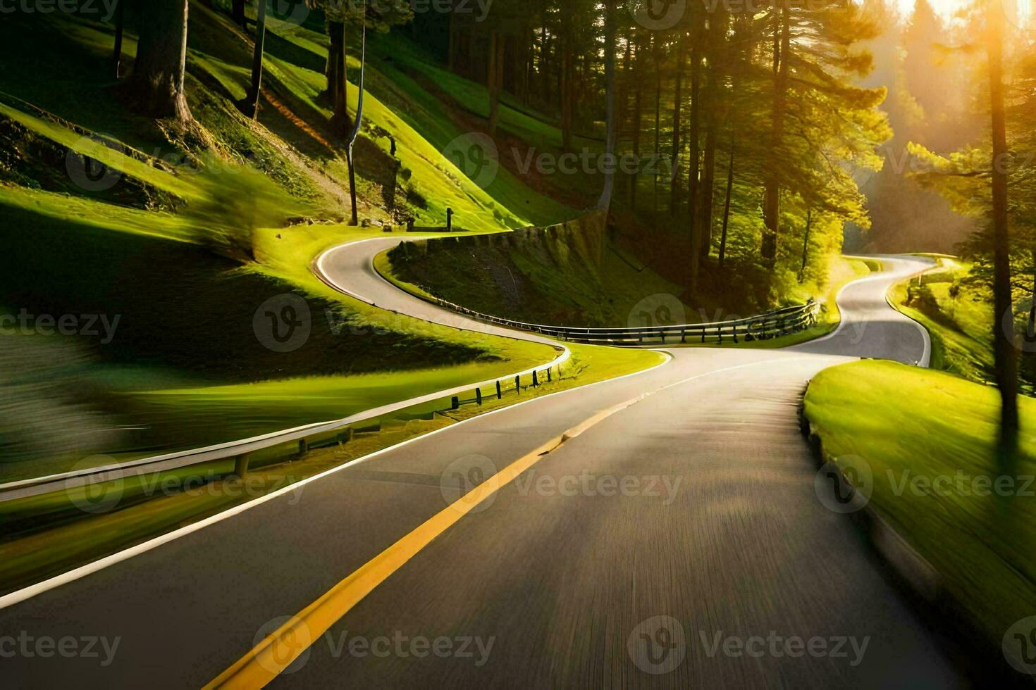 a winding road in the mountains with trees and grass. AI-Generated photo
