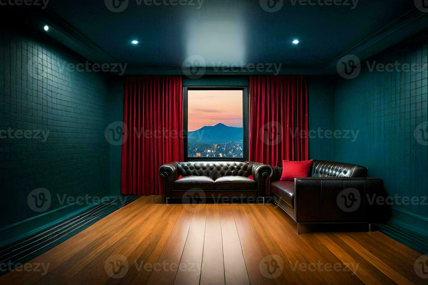 a room with two leather couches and a view of the city. AI-Generated photo