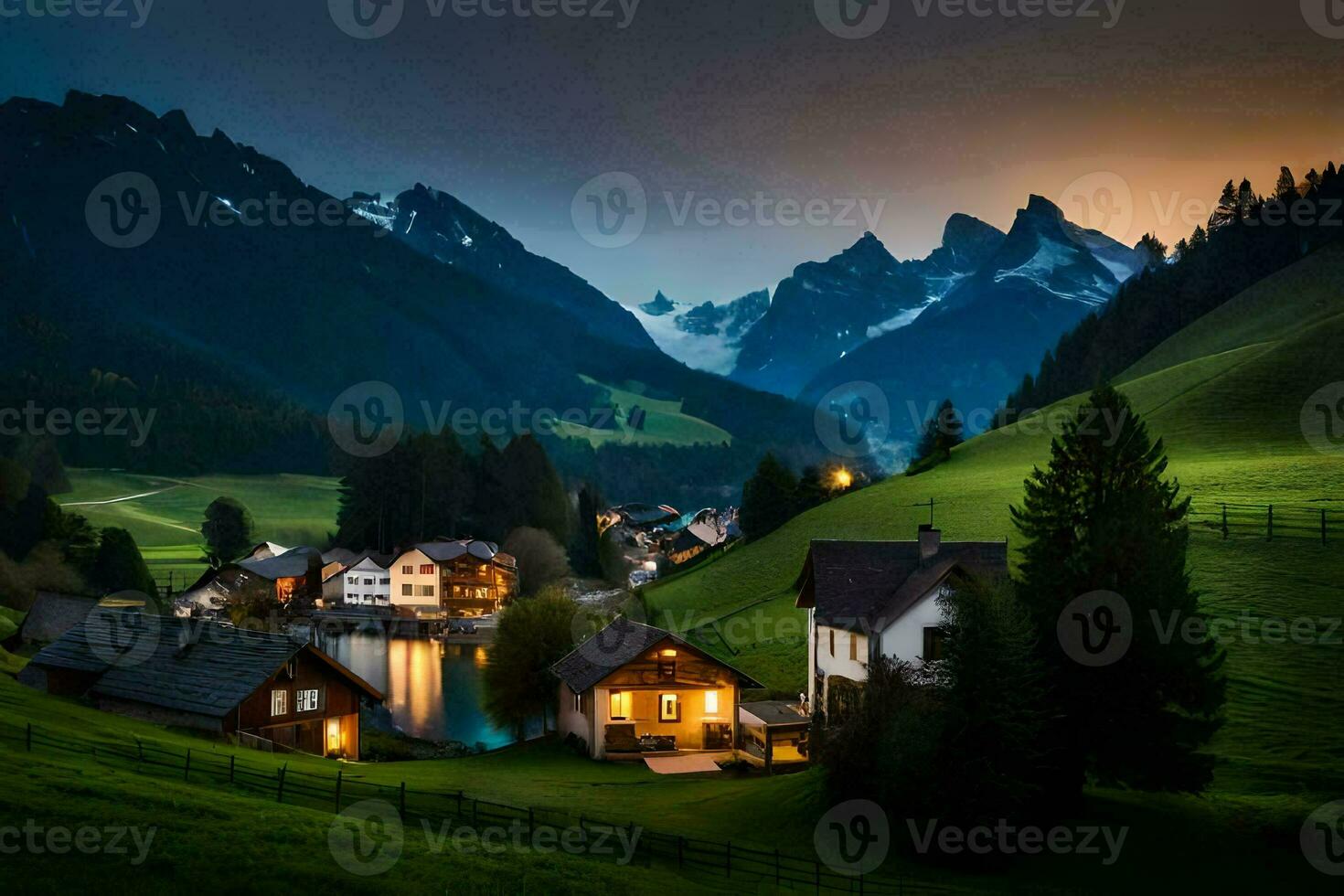 un pequeño pueblo en el montañas a oscuridad. generado por ai foto