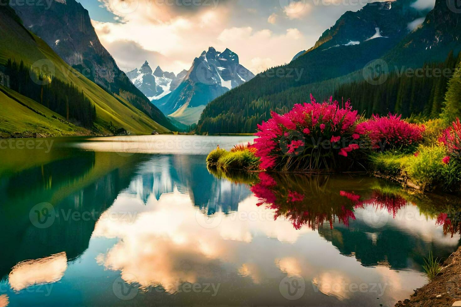 hermosa montañas y flores son reflejado en el agua. generado por ai foto