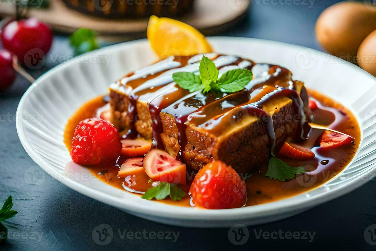 a plate with a piece of cake and strawberries. AI-Generated photo