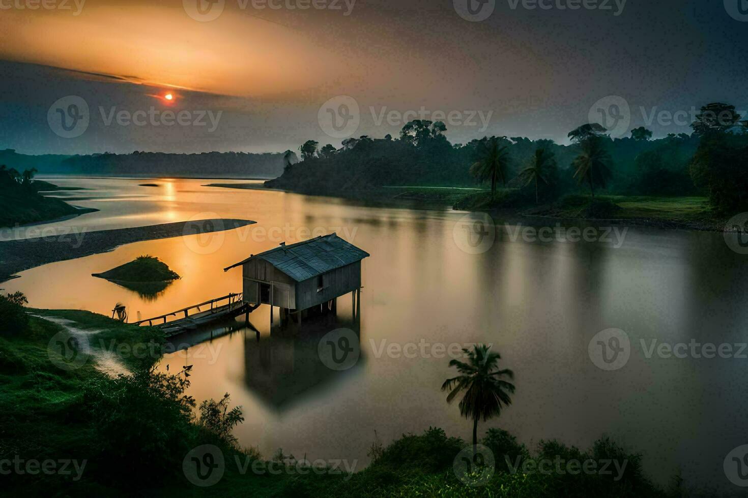 un pequeño casa se sienta en el borde de un río. generado por ai foto