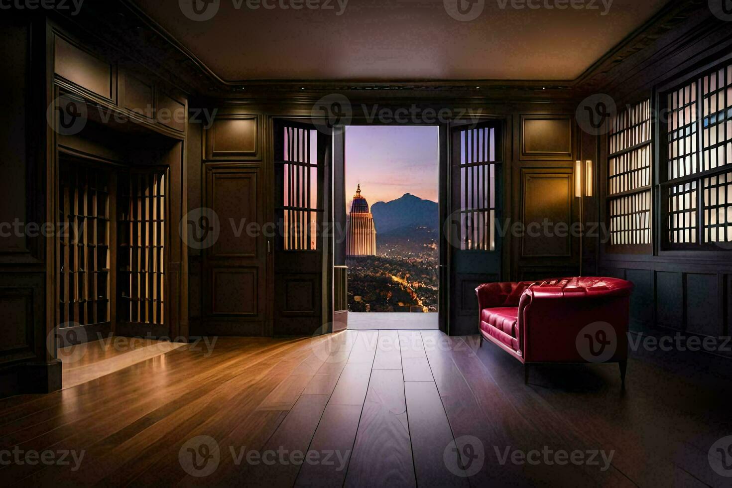 a room with a red chair and a view of the city. AI-Generated photo