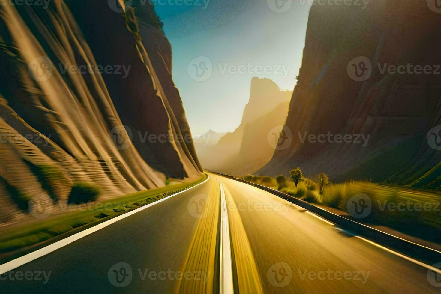 a road in the mountains with a bright sun. AI-Generated photo