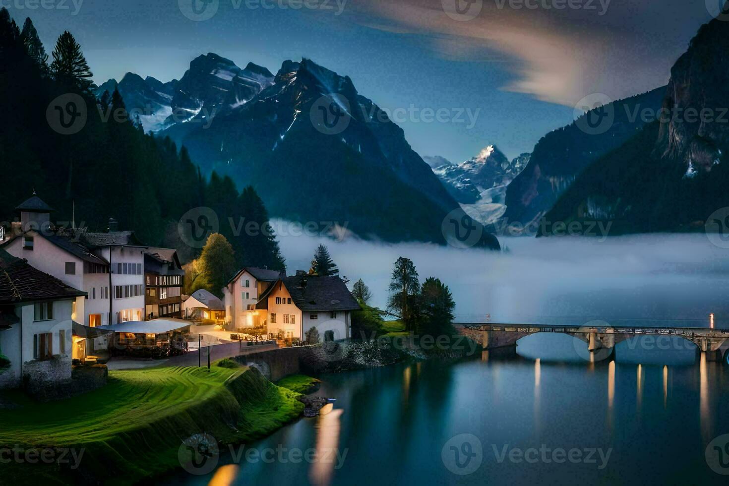 a village sits on the edge of a lake at dusk. AI-Generated photo