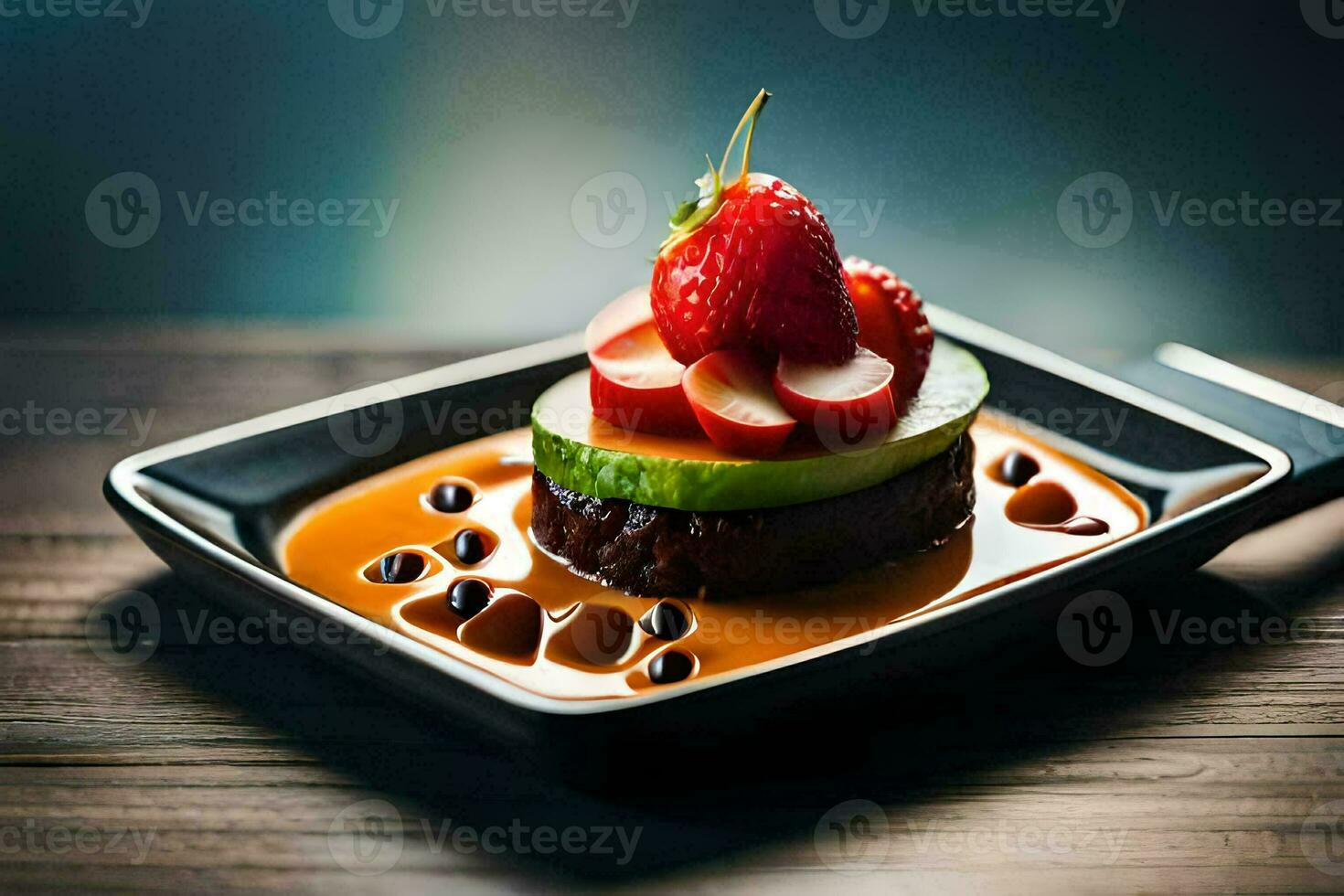 a dessert with strawberries and avocado on a black plate. AI-Generated photo