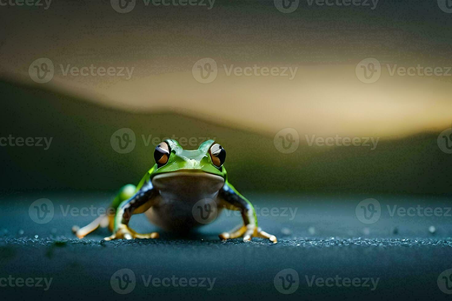 a frog sitting on the ground with a dark background. AI-Generated photo