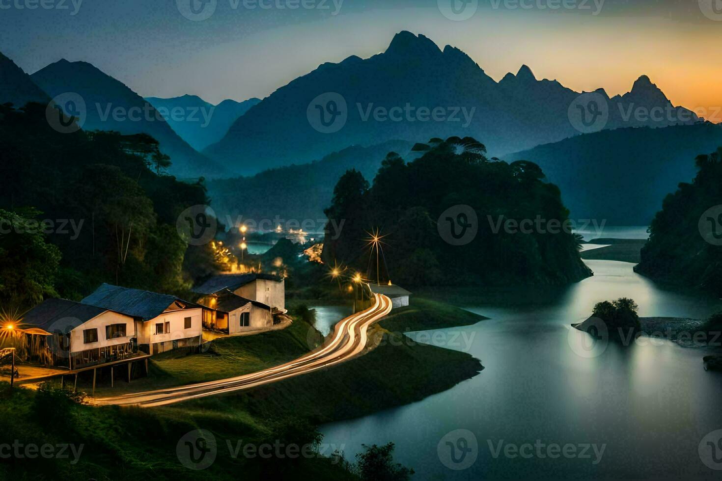 un casa se sienta en un colina con vista a un río y montañas. generado por ai foto