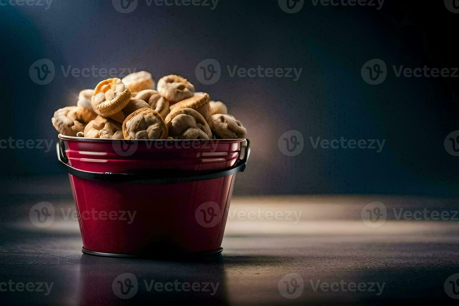 a bucket filled with nuts on a dark background. AI-Generated photo