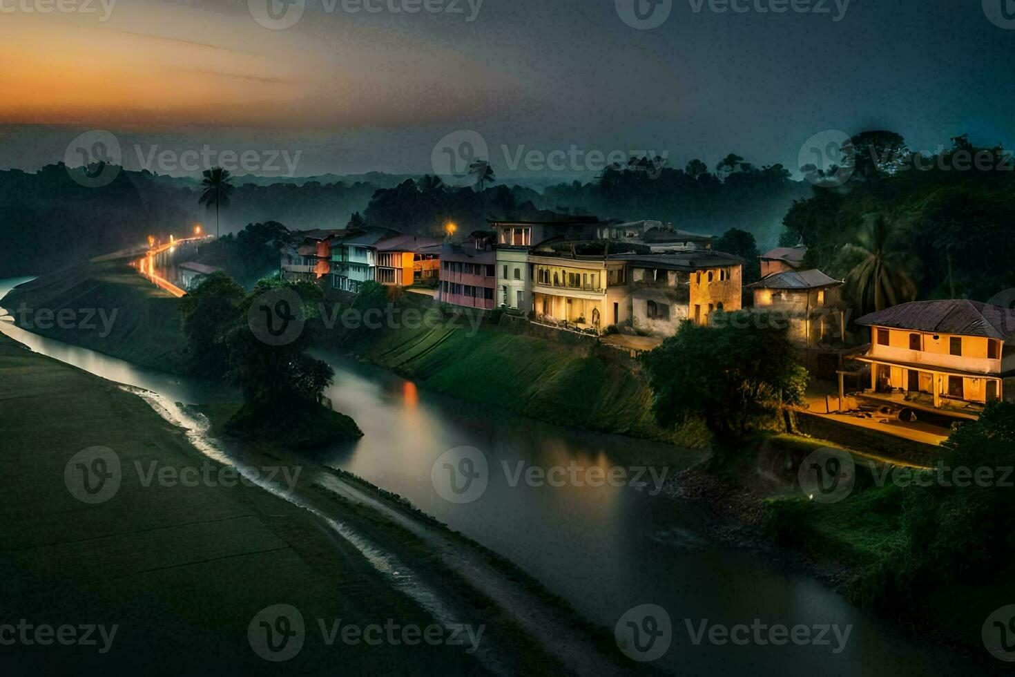 un río carreras mediante un pueblo a oscuridad. generado por ai foto