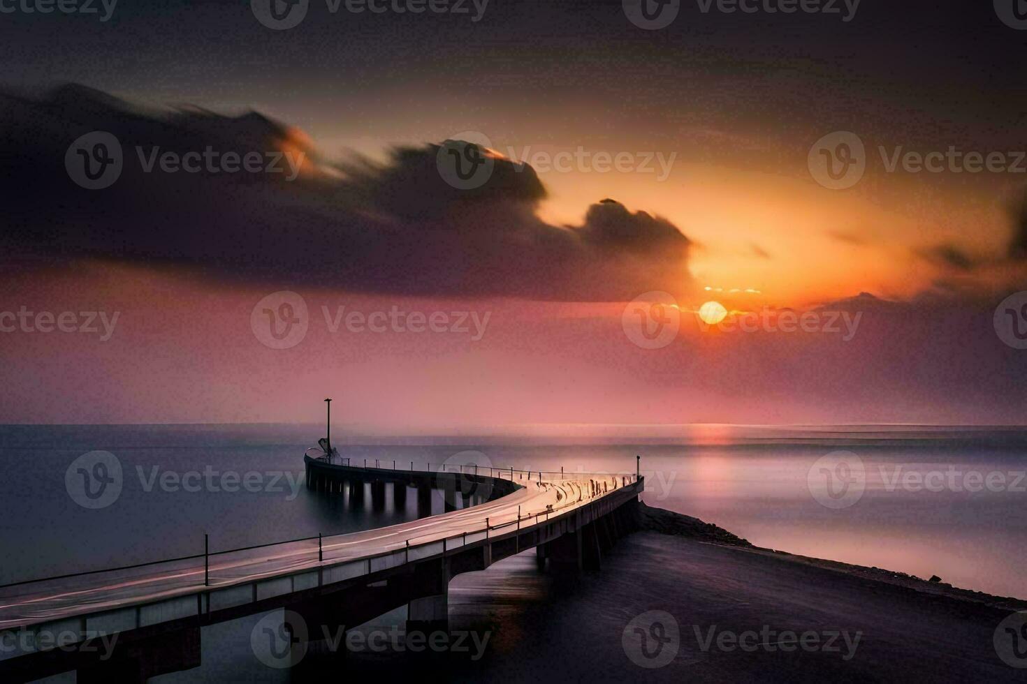 un largo exposición fotografía de un muelle a puesta de sol. generado por ai foto