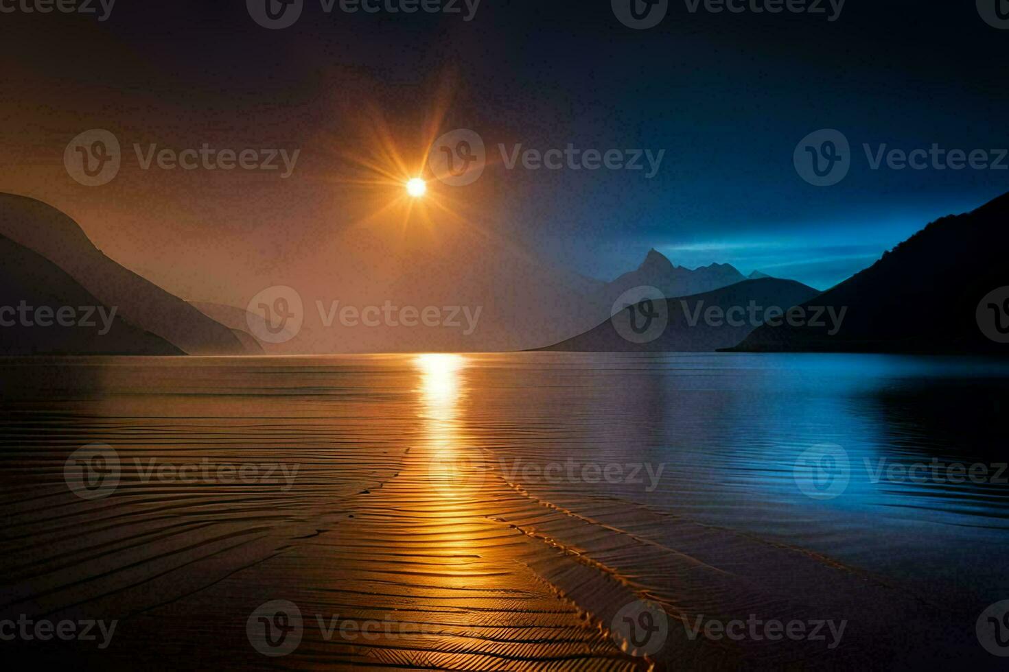 the sun is shining over a lake and mountains. AI-Generated photo