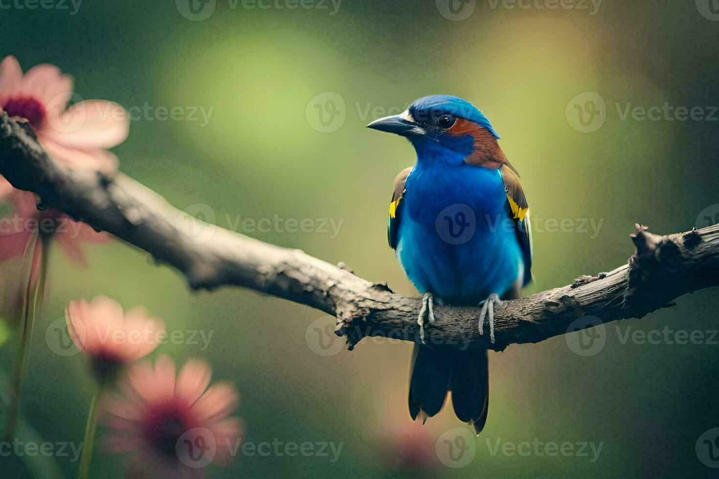 a blue bird sits on a branch with pink flowers. AI-Generated photo