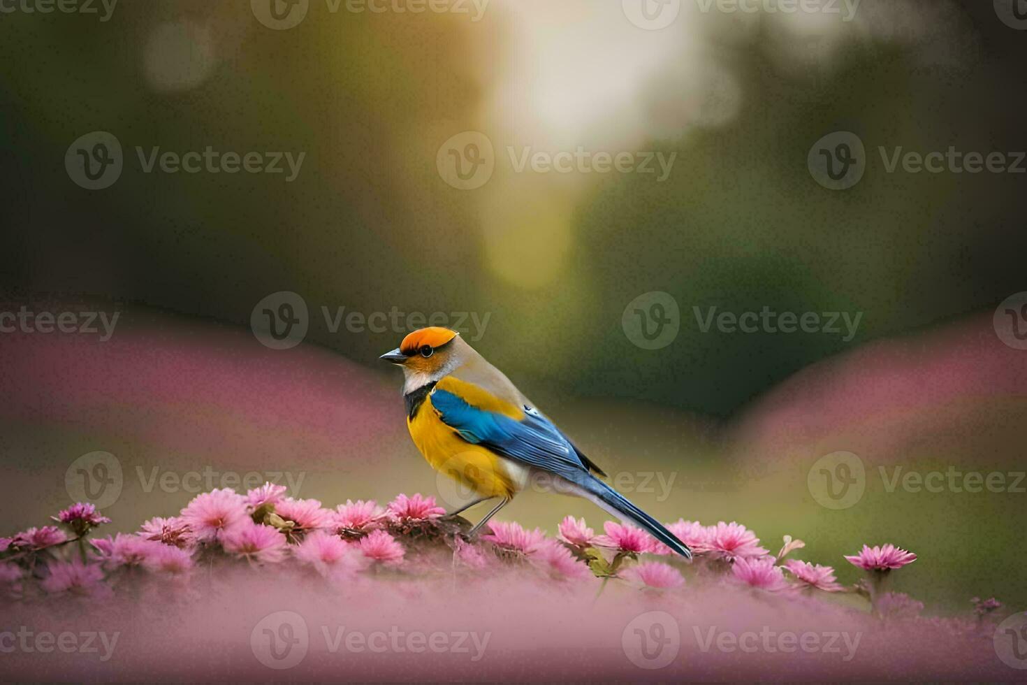 a blue and yellow bird sitting on top of pink flowers. AI-Generated photo