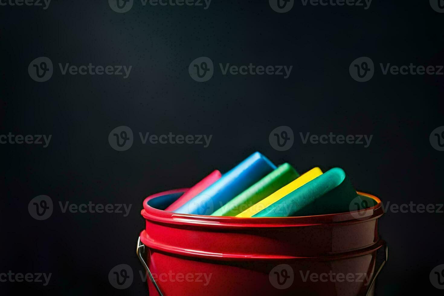 a red bucket filled with colorful pencils. AI-Generated photo