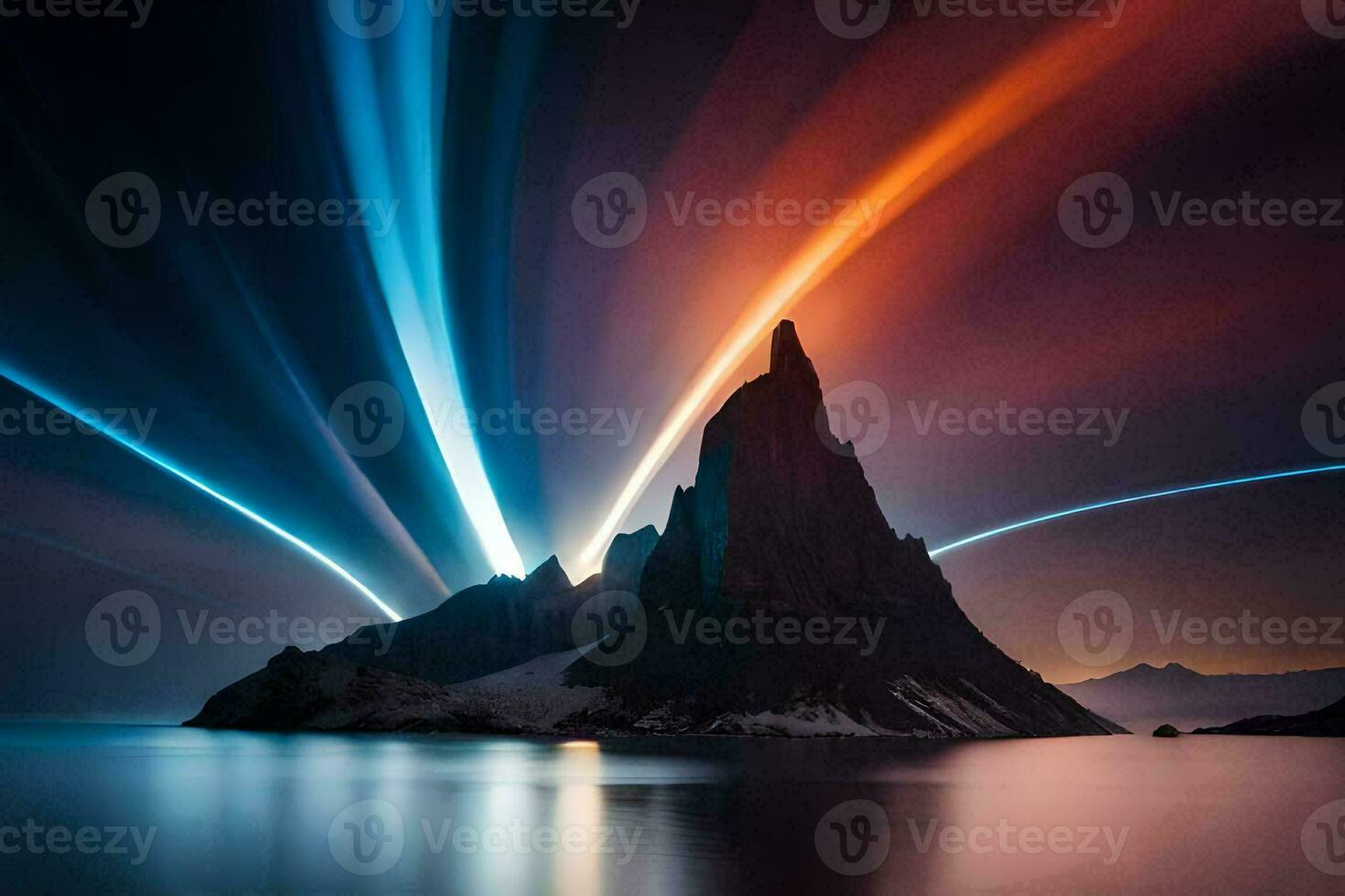 a mountain with light trails in the sky. AI-Generated photo