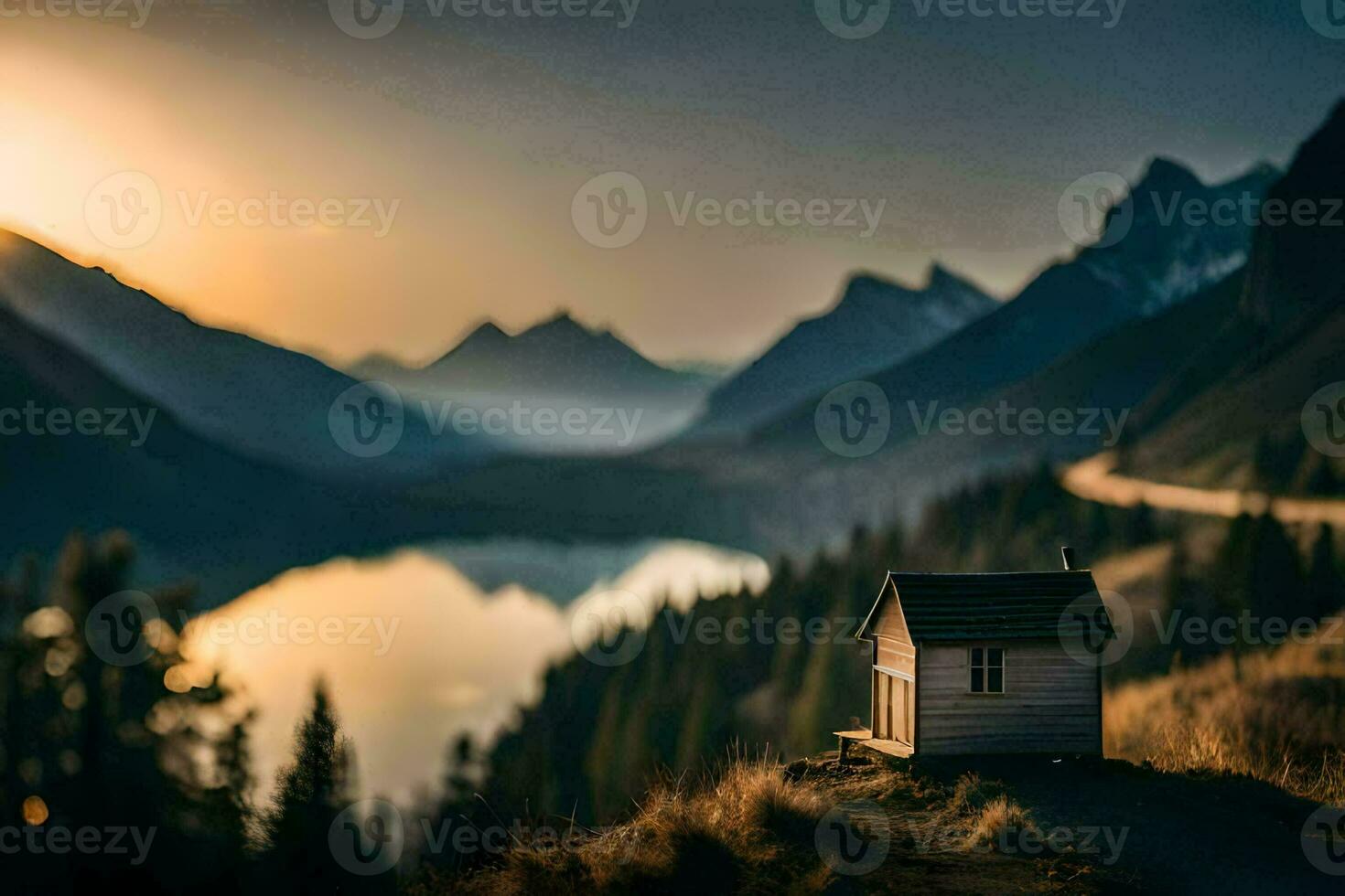 a small cabin sits on the side of a mountain overlooking a lake. AI-Generated photo