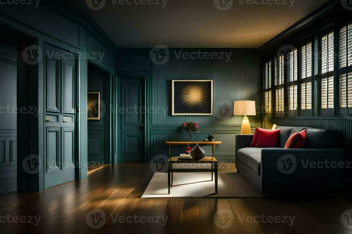 a dark room with a couch, coffee table and window. AI-Generated photo