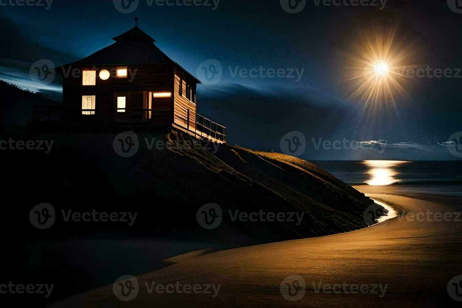 un pequeño casa se sienta en el apuntalar de un playa a noche. generado por ai foto