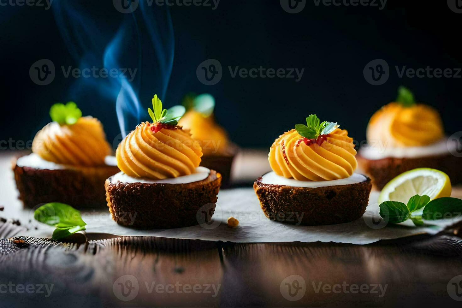 small cakes with lemon and mint on a wooden table. AI-Generated photo