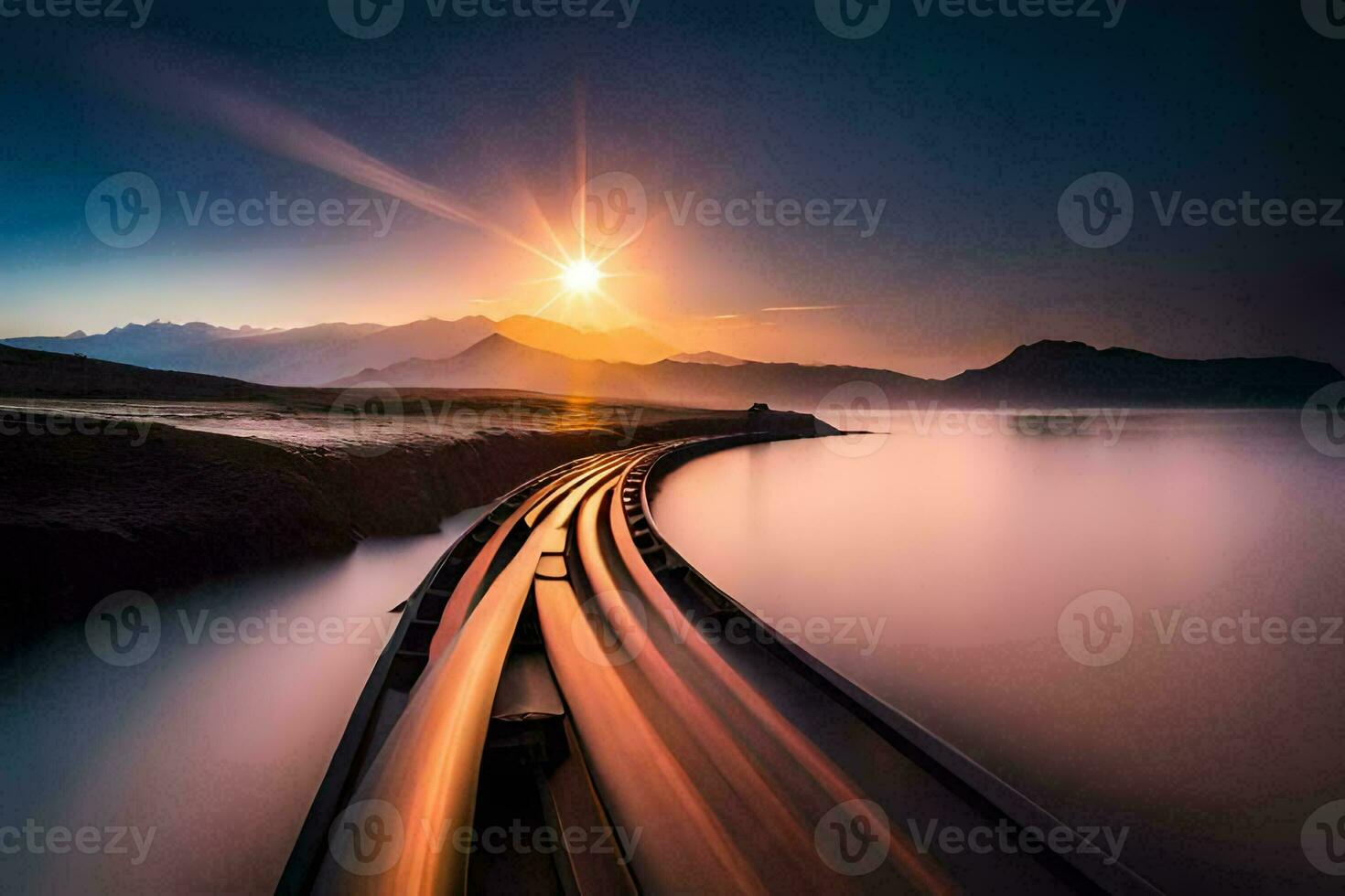 a train track going through the water at sunset. AI-Generated photo