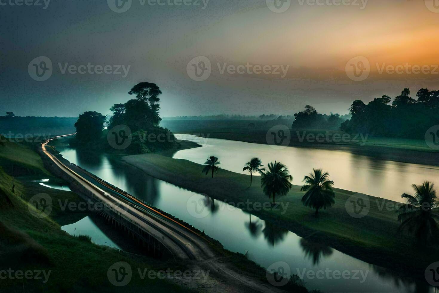 a train runs along a river at sunset. AI-Generated photo