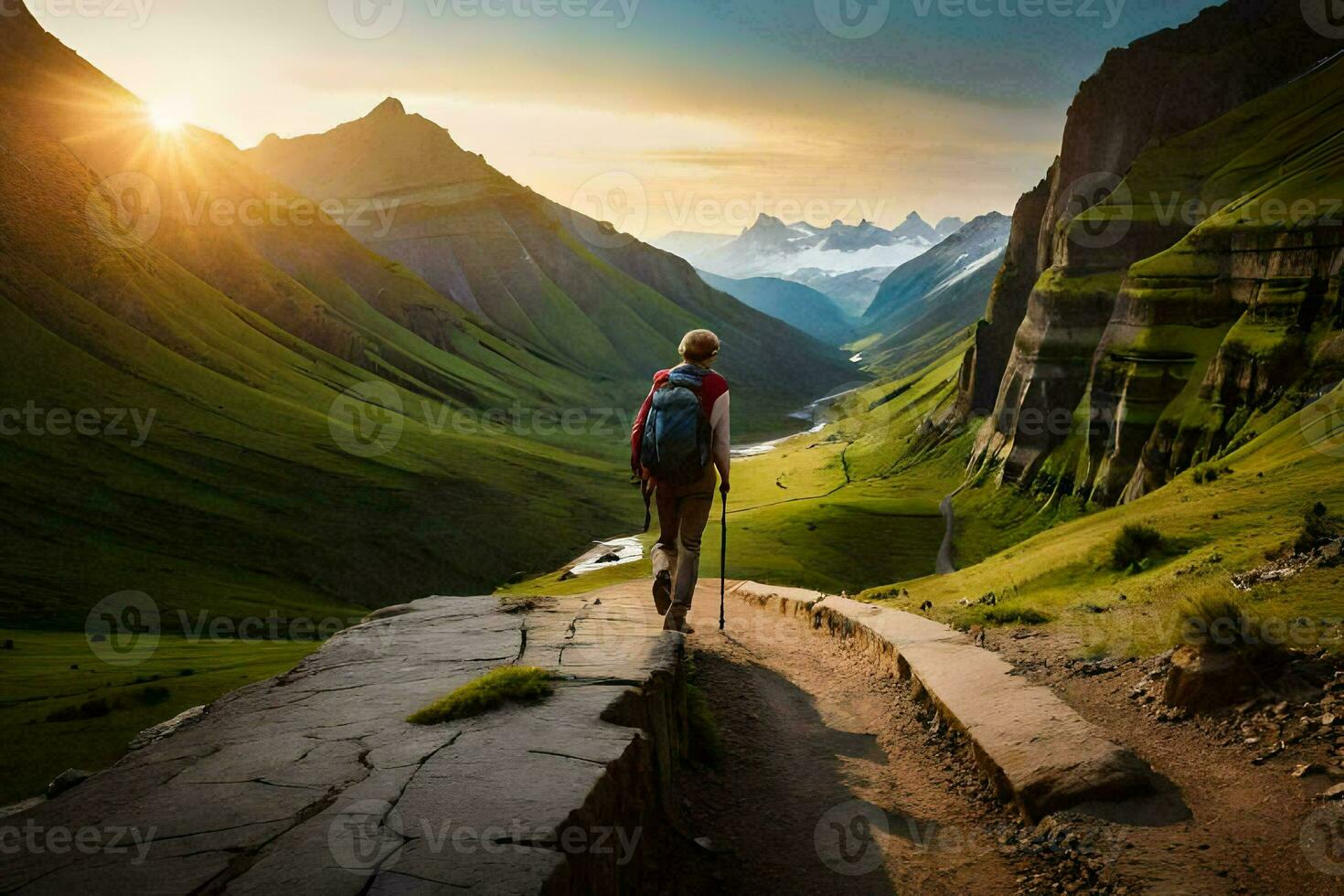 un persona caminando en un camino en el montañas. generado por ai foto
