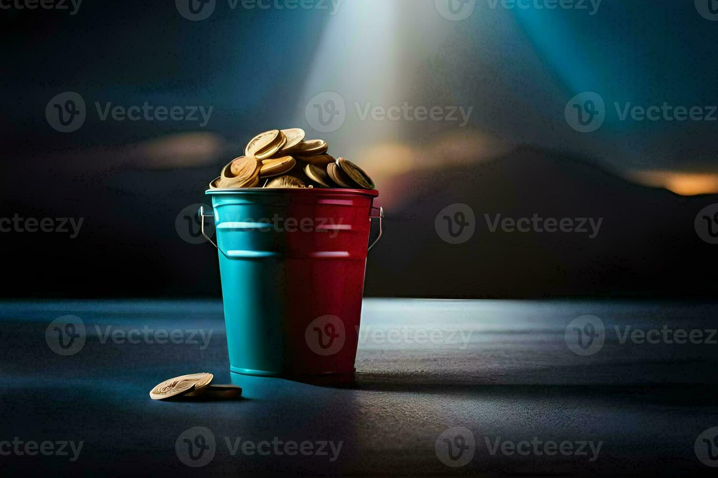 a bucket filled with coins on a table. AI-Generated photo