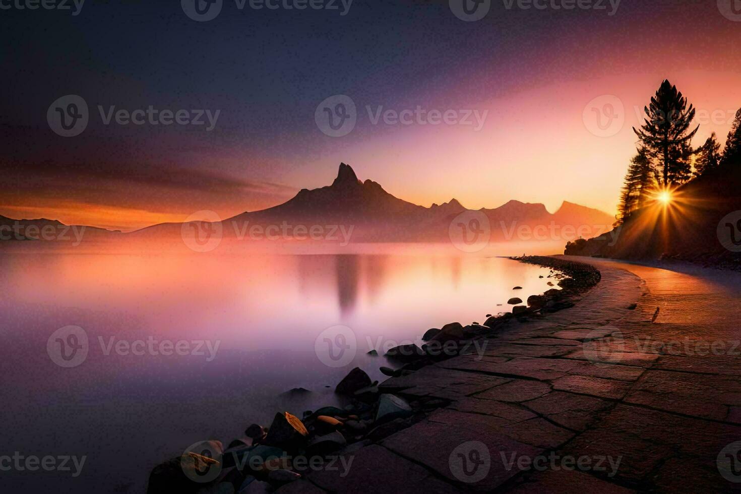 a beautiful sunrise over a lake and mountains. AI-Generated photo