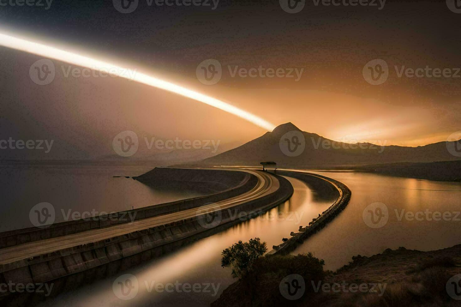 a long exposure photograph of a long bridge over water. AI-Generated photo