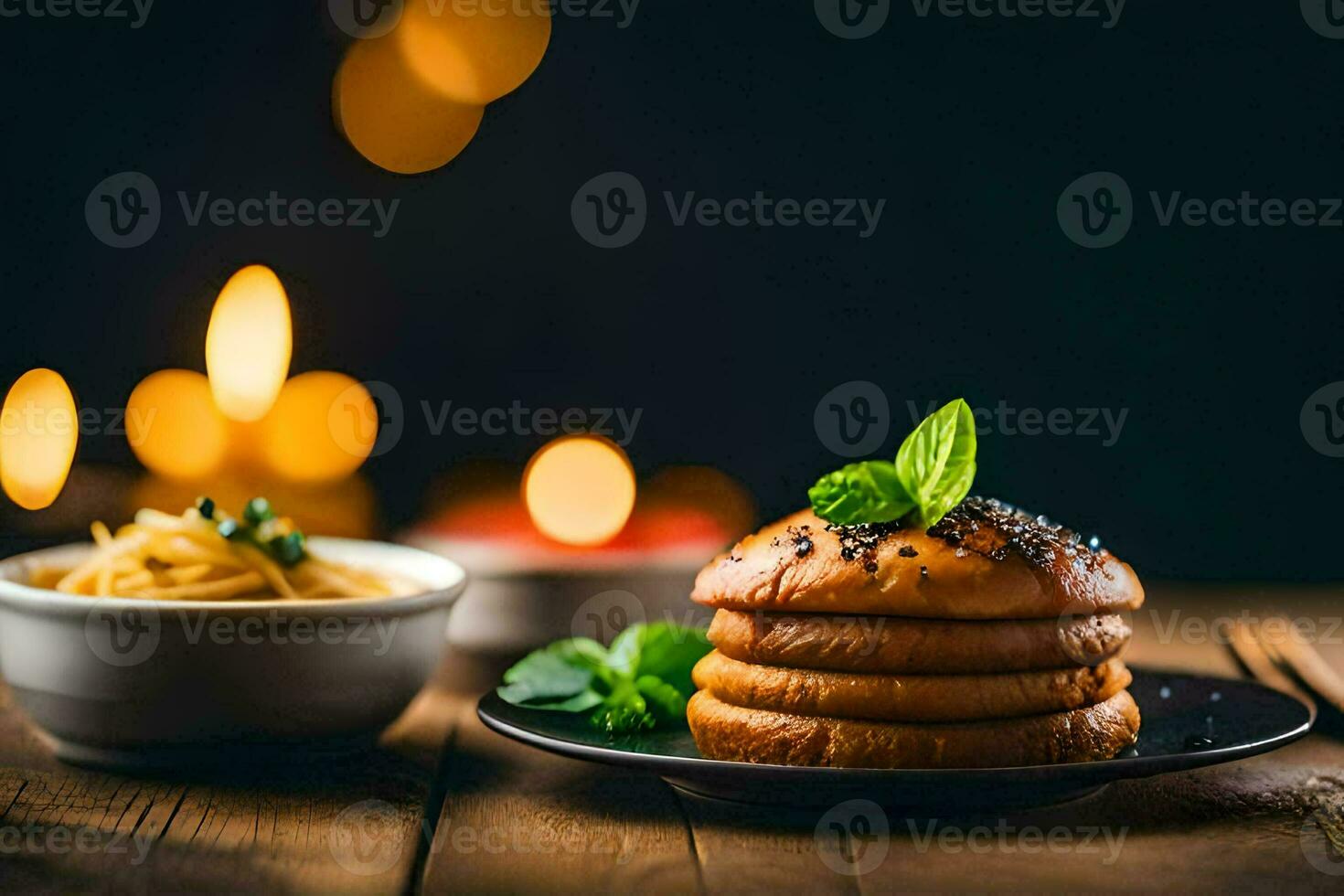 a plate of food with noodles and spices on a wooden table. AI-Generated photo