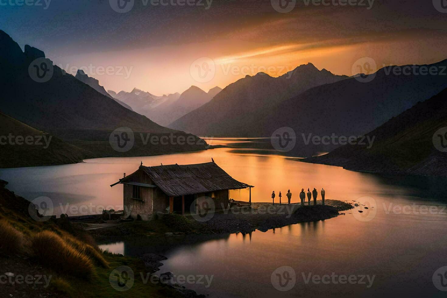 the sun sets over a lake and a small cabin. AI-Generated photo