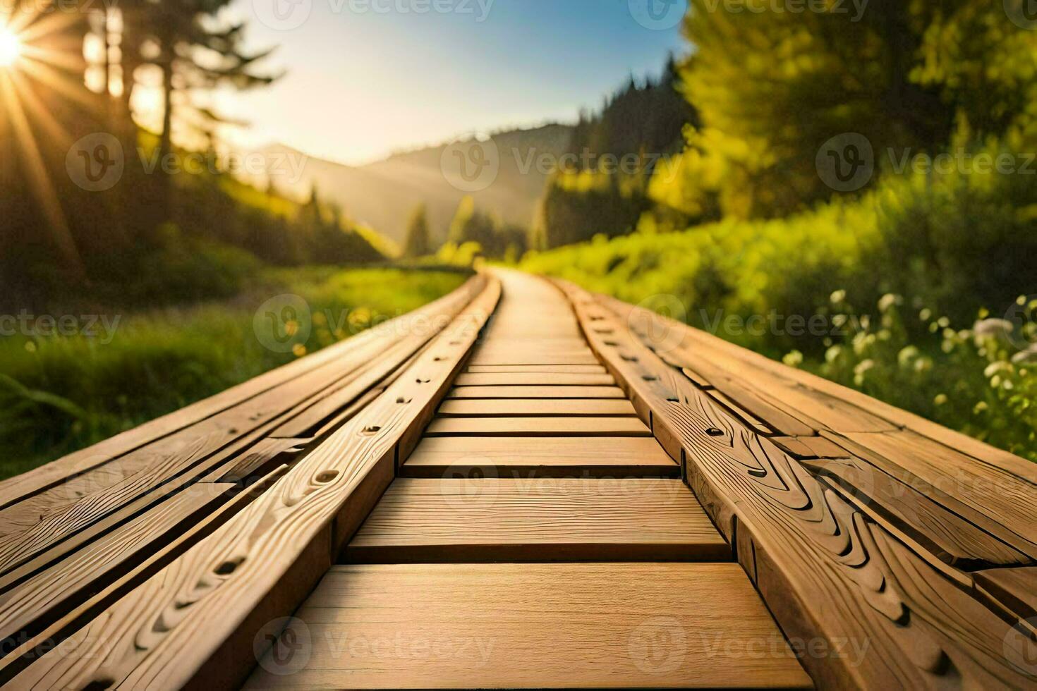 a wooden bridge in the middle of a field. AI-Generated photo