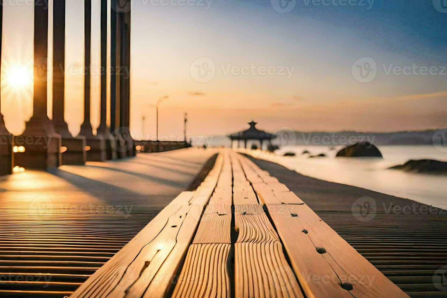 a wooden pier with the sun setting over it. AI-Generated photo